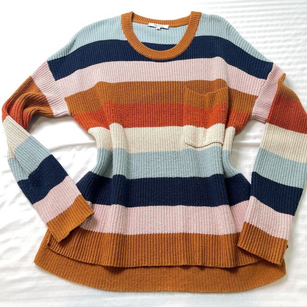 Madewell Striped Crewneck Sweater Womens Medium Multicolor Cotton Blend Pocket